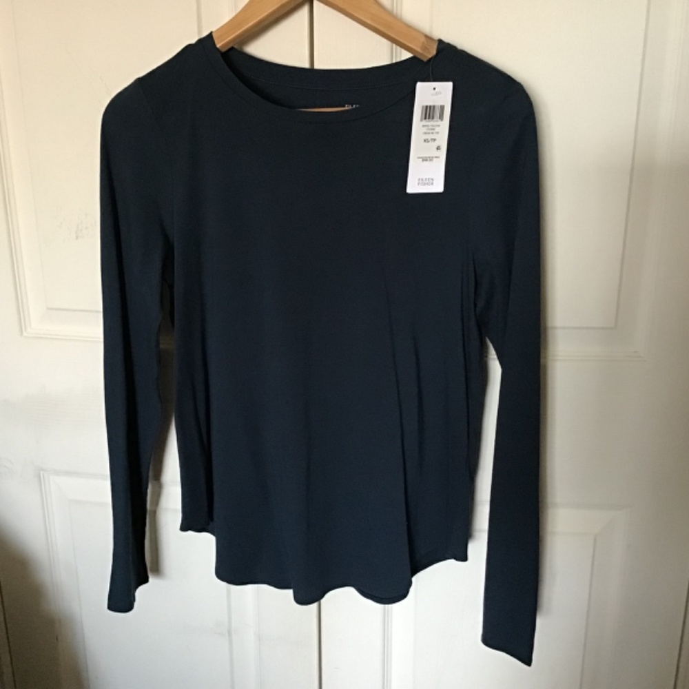 NWT Eileen Fisher Women Organic Cotton crew neck Top Long-Sleeve Tee Storm XS
